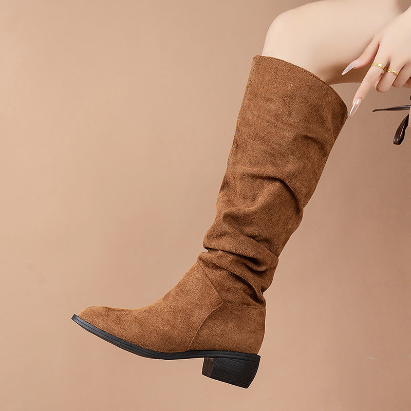 Bottes Hautes Suède Femme à Talon Épais et Bout Pointu