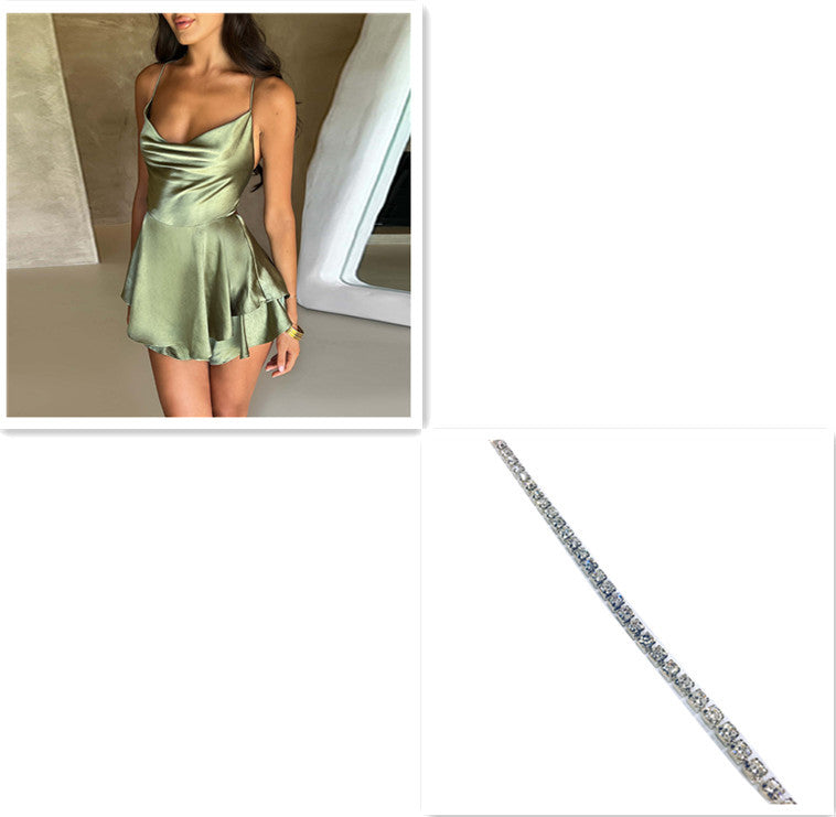 Robe Courte Femme Sexy Bretelles Satin Dentelle Évasée