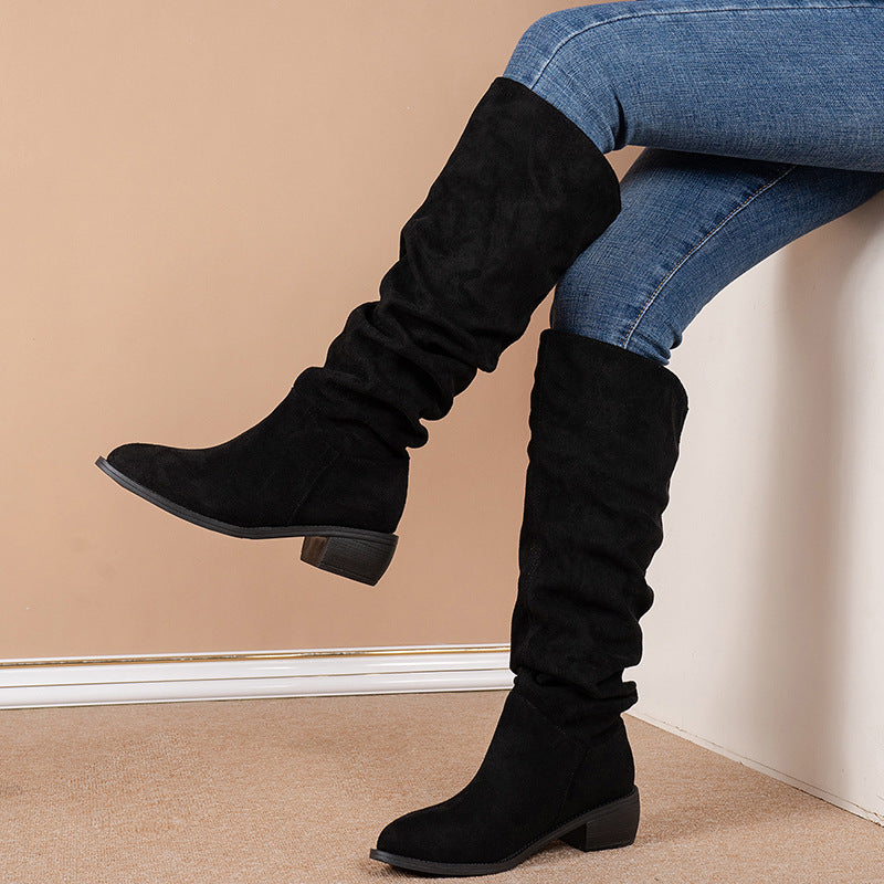Bottes Hautes Suède Femme à Talon Épais et Bout Pointu