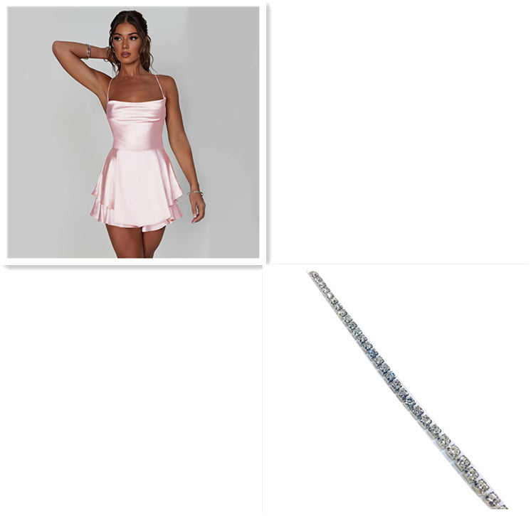 Robe Courte Femme Sexy Bretelles Satin Dentelle Évasée