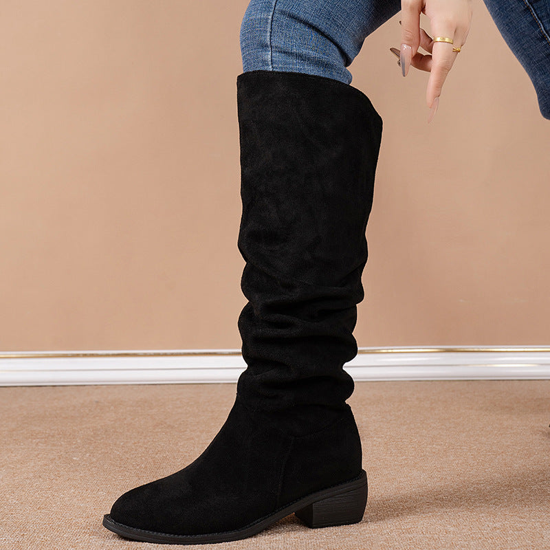 Bottes Hautes Suède Femme à Talon Épais et Bout Pointu