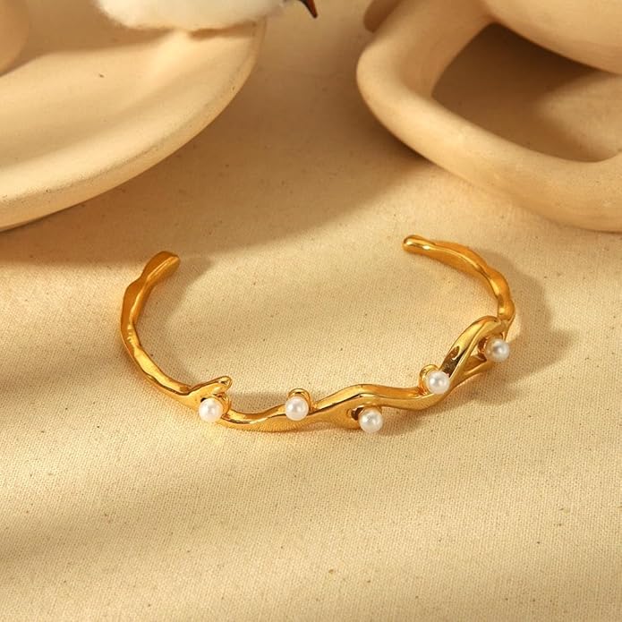 Bracelet Rétro Français en Acier Titane Plaqué Or 18K avec Pierre Naturelle