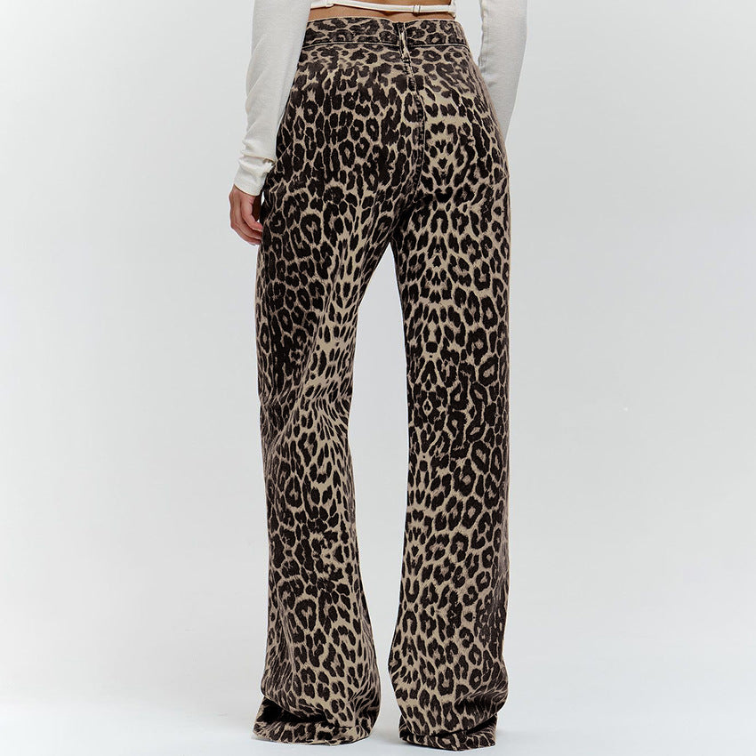Pantalon Large Léopard Femme - Taille Basse, 100% Coton, Style Rétro Été