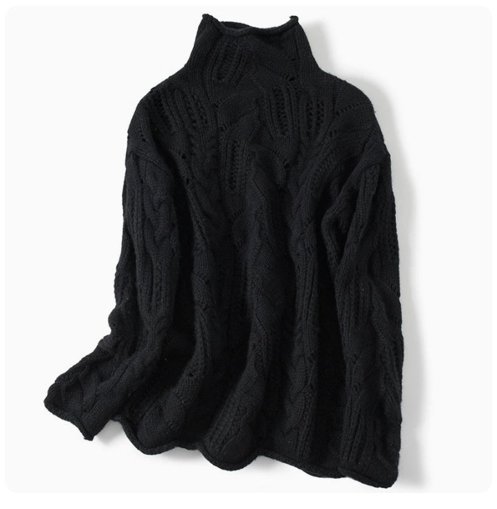 Pull Overdose Tricoté Ajourné à Col Haut et Coupe Ample
