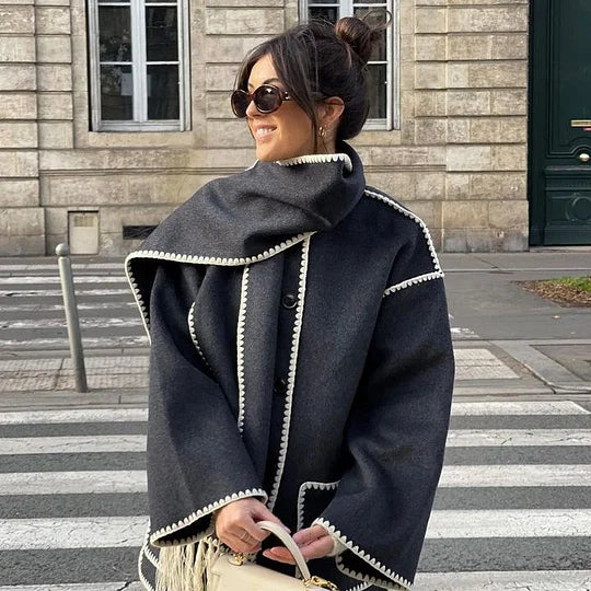 Manteau en Laine Femme Épais et Ample avec Écharpe - Veste Élégante d'Hiver Draped fringed wool-blend jacket