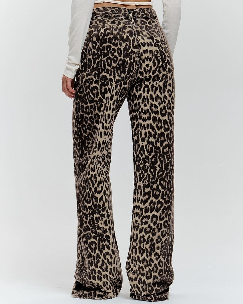 Pantalon Large Léopard Femme - Taille Basse, 100% Coton, Style Rétro Été