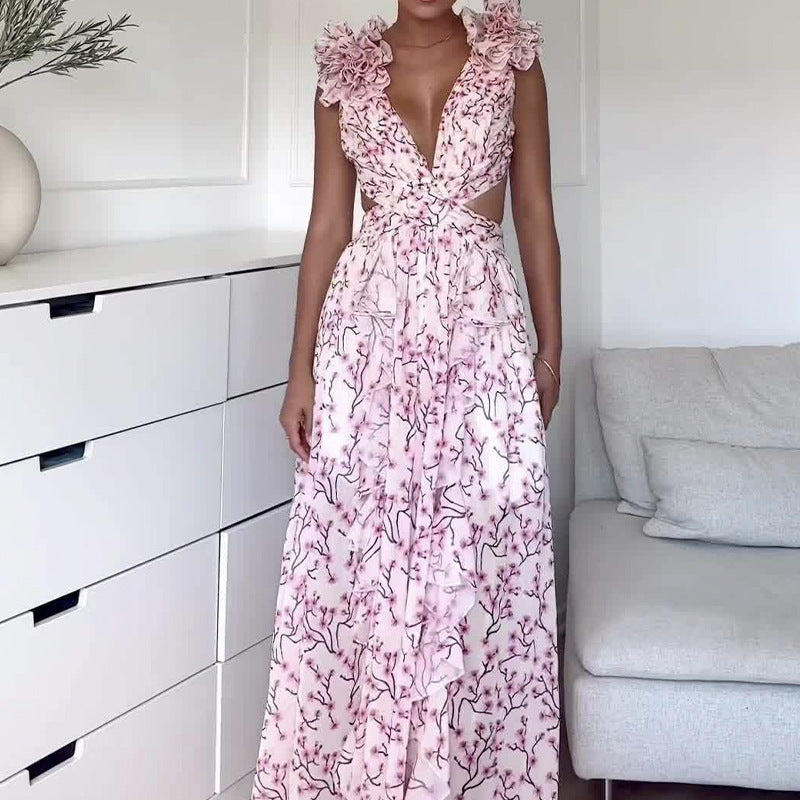 Robe Florale Décontractée Dos Nu Automne