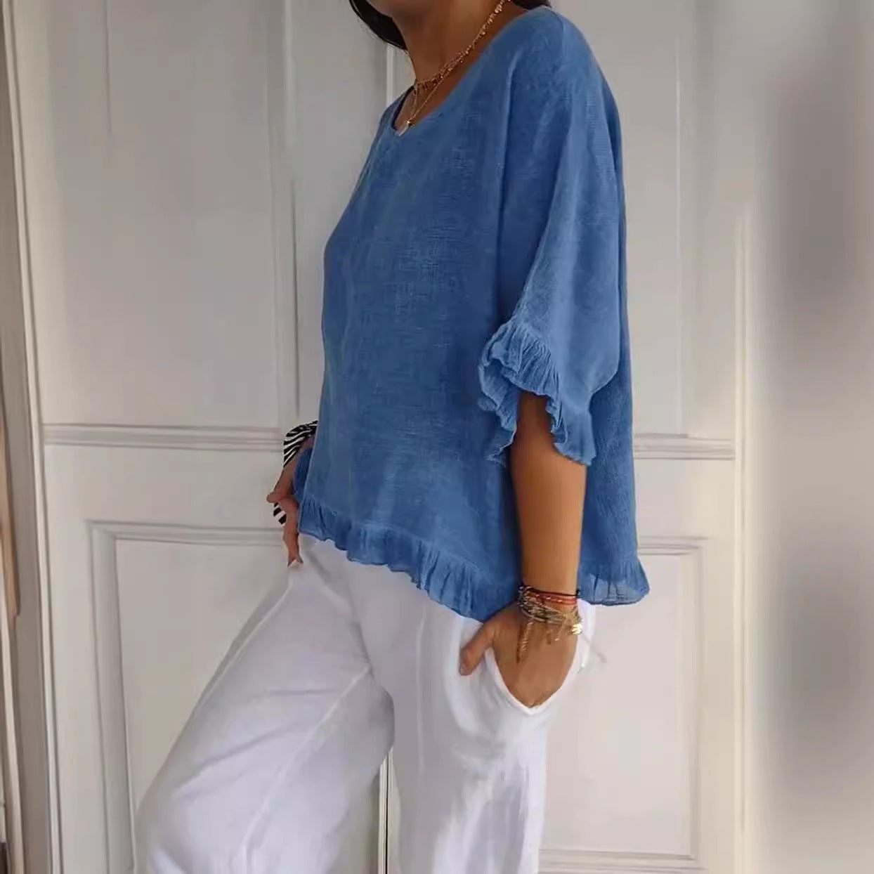 Haut Décontracté Été Femme Lin Coton Coupe Ample