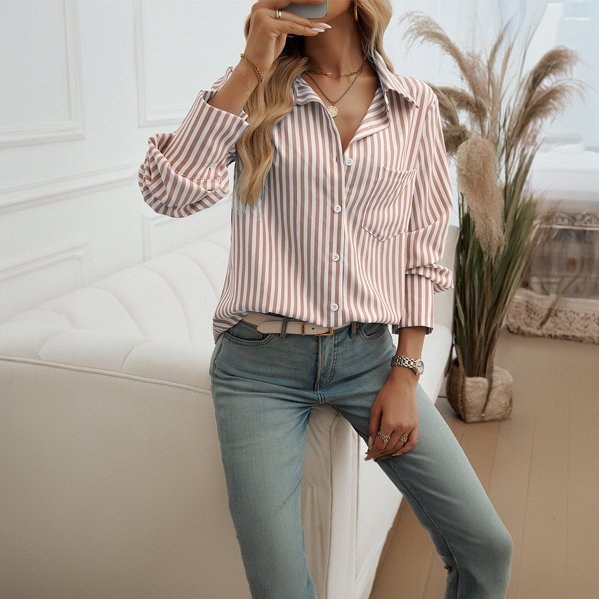 Cardigan rayé femme style chemise, manches longues élégant