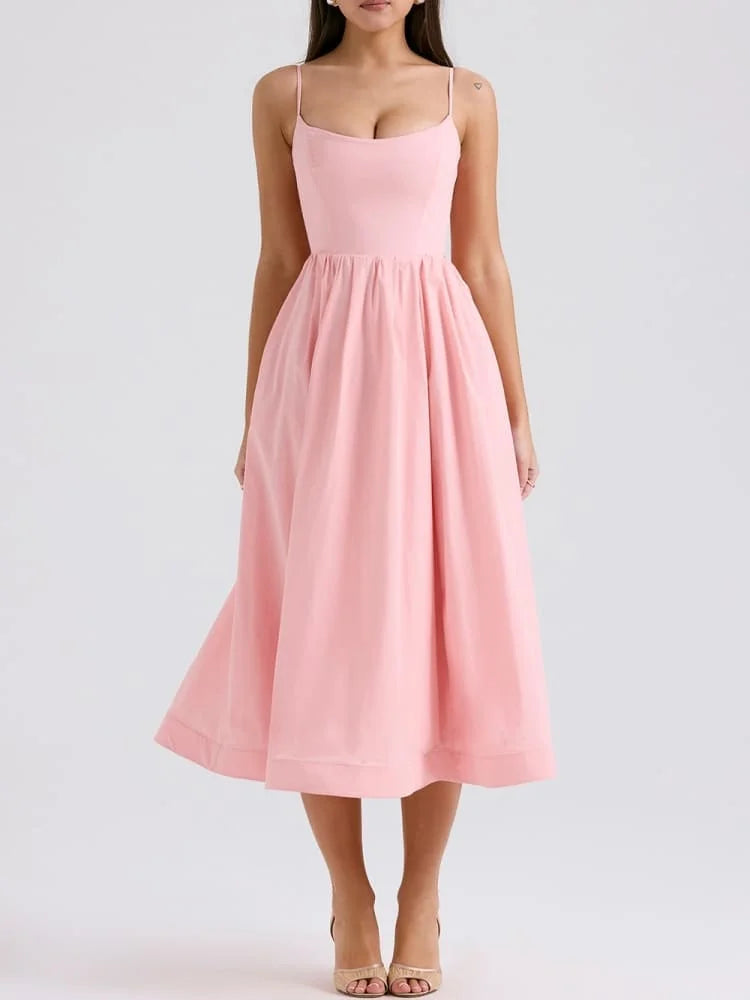 Robe Midi Rose Poudré - Élégante à Bretelles Sexy et Fraîche