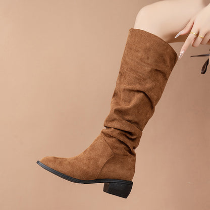 Bottes Hautes Suède Femme à Talon Épais et Bout Pointu