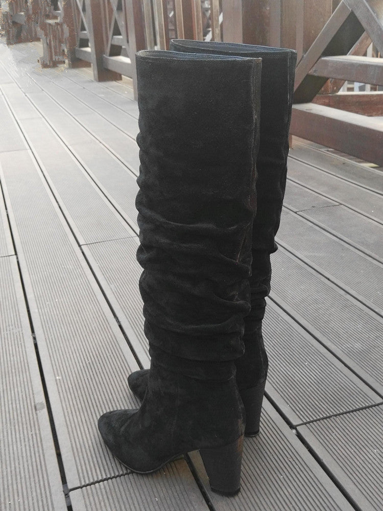 Bottes Mode Femme | Bout Rond, Talon Épais, Plissées, Mi-Mollet