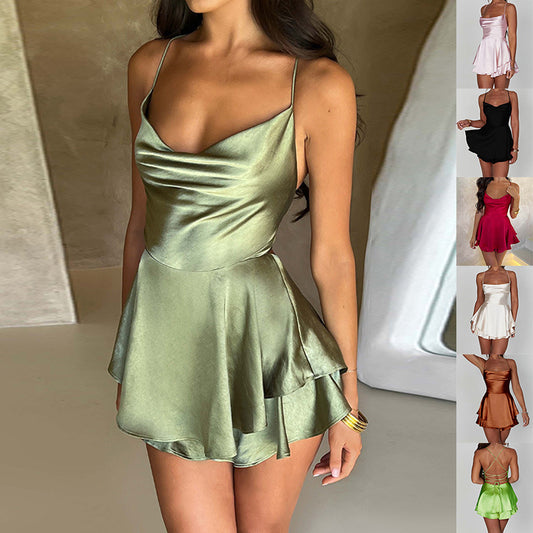 Robe Courte Femme Sexy Bretelles Satin Dentelle Évasée