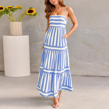 Robe Longue d’Été Rayée – Chic & Dos Nu