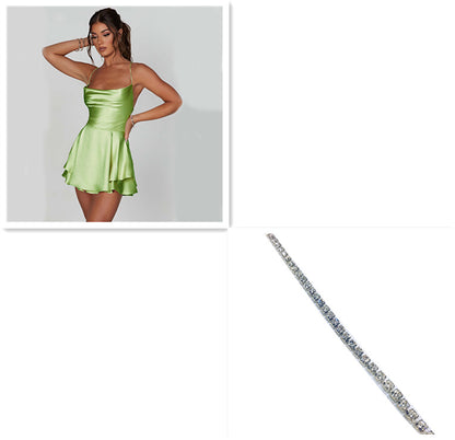 Robe Courte Femme Sexy Bretelles Satin Dentelle Évasée