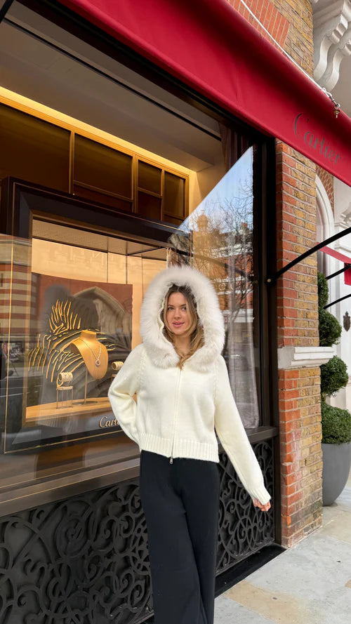 Cardigan Femme Haut de Gamme à Capuche avec Col en Fourrure Tricoté