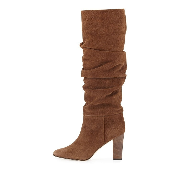 Bottes Mode Femme | Bout Rond, Talon Épais, Plissées, Mi-Mollet