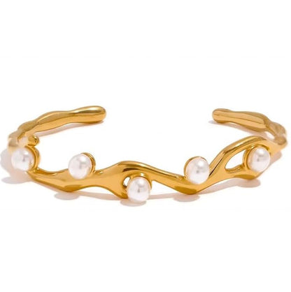Bracelet Rétro Français en Acier Titane Plaqué Or 18K avec Pierre Naturelle