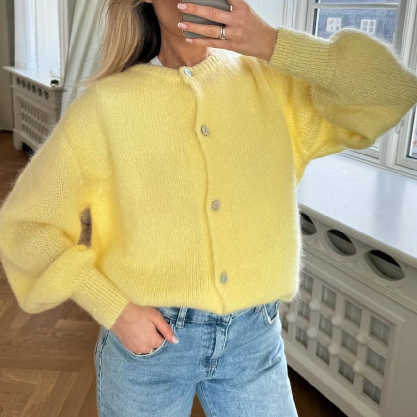 Pull Jaune Ample à Col Rond Tricoté Femme