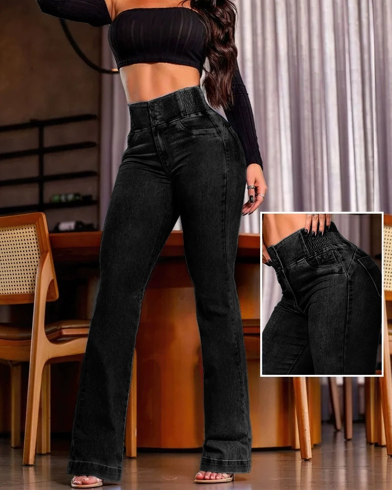 Jean Skinny Taille Haute Extensible Boutonné avec Ceinture Élastique