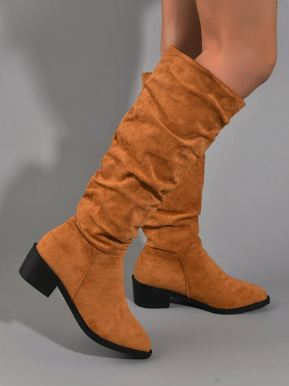 Bottes Hautes Suède Femme à Talon Épais et Bout Pointu