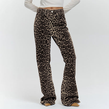 Pantalon Large Léopard Femme - Taille Basse, 100% Coton, Style Rétro Été