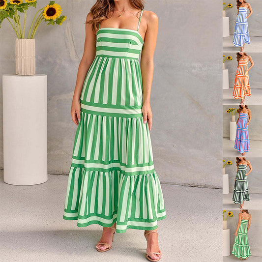 Robe Longue d'Été à Rayures – Dos Nu, Vacances Plage