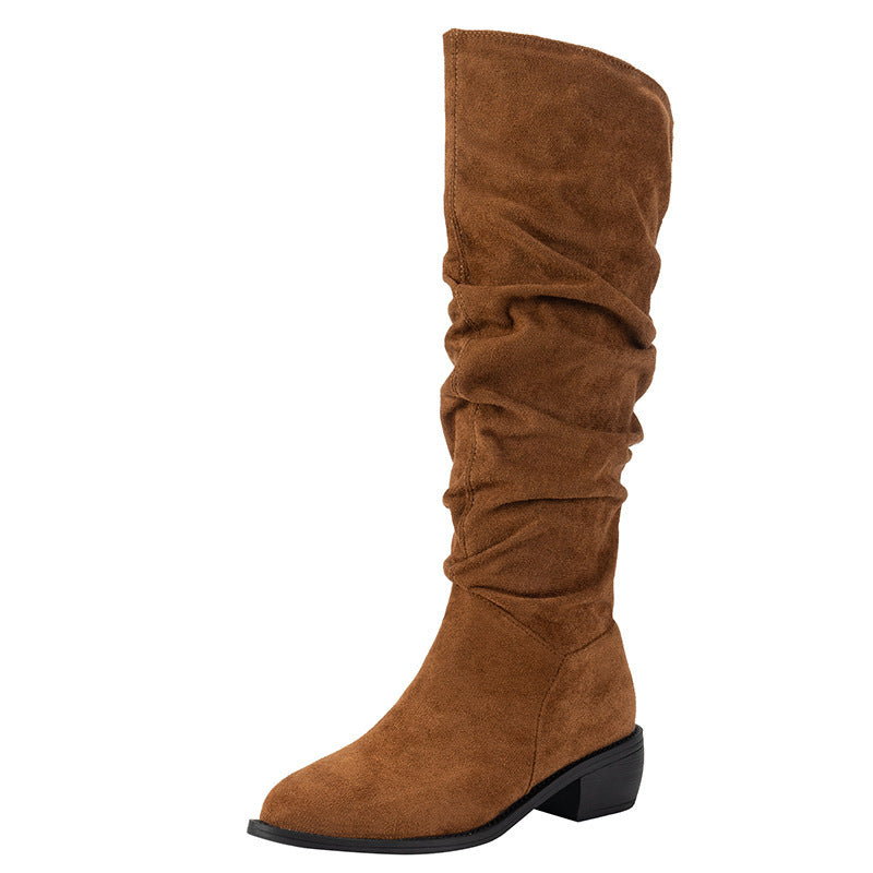 Bottes Hautes Suède Femme à Talon Épais et Bout Pointu