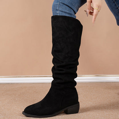 Bottes Hautes Suède Femme à Talon Épais et Bout Pointu