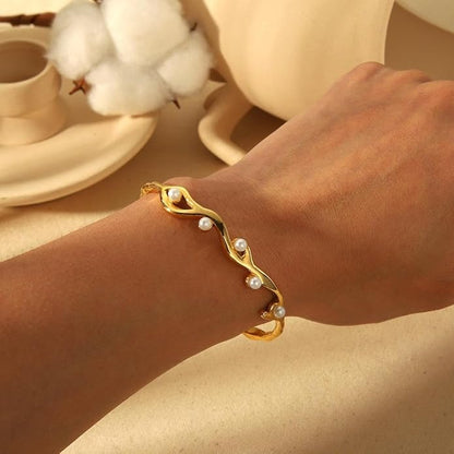 Bracelet Rétro Français en Acier Titane Plaqué Or 18K avec Pierre Naturelle