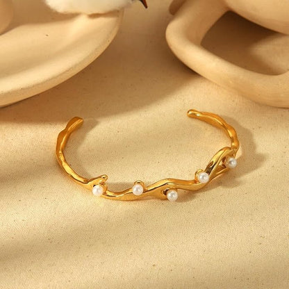 Bracelet Rétro Français en Acier Titane Plaqué Or 18K avec Pierre Naturelle