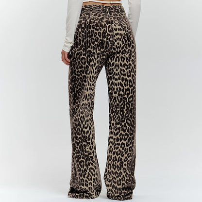 Pantalon Large Léopard Femme - Taille Basse, 100% Coton, Style Rétro Été