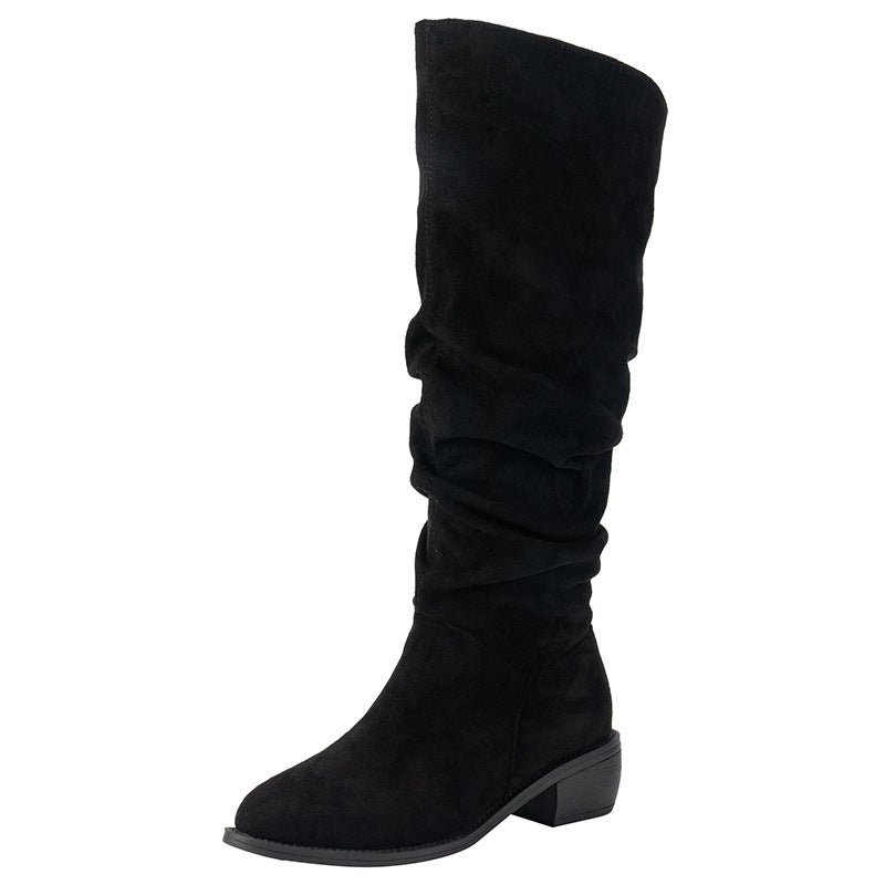 Bottes Hautes Suède Femme à Talon Épais et Bout Pointu