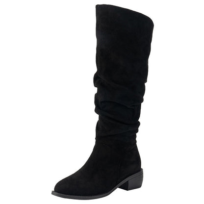 Bottes Hautes Suède Femme à Talon Épais et Bout Pointu