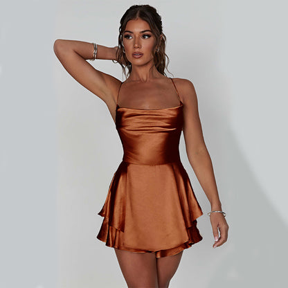 Robe Courte Femme Sexy Bretelles Satin Dentelle Évasée