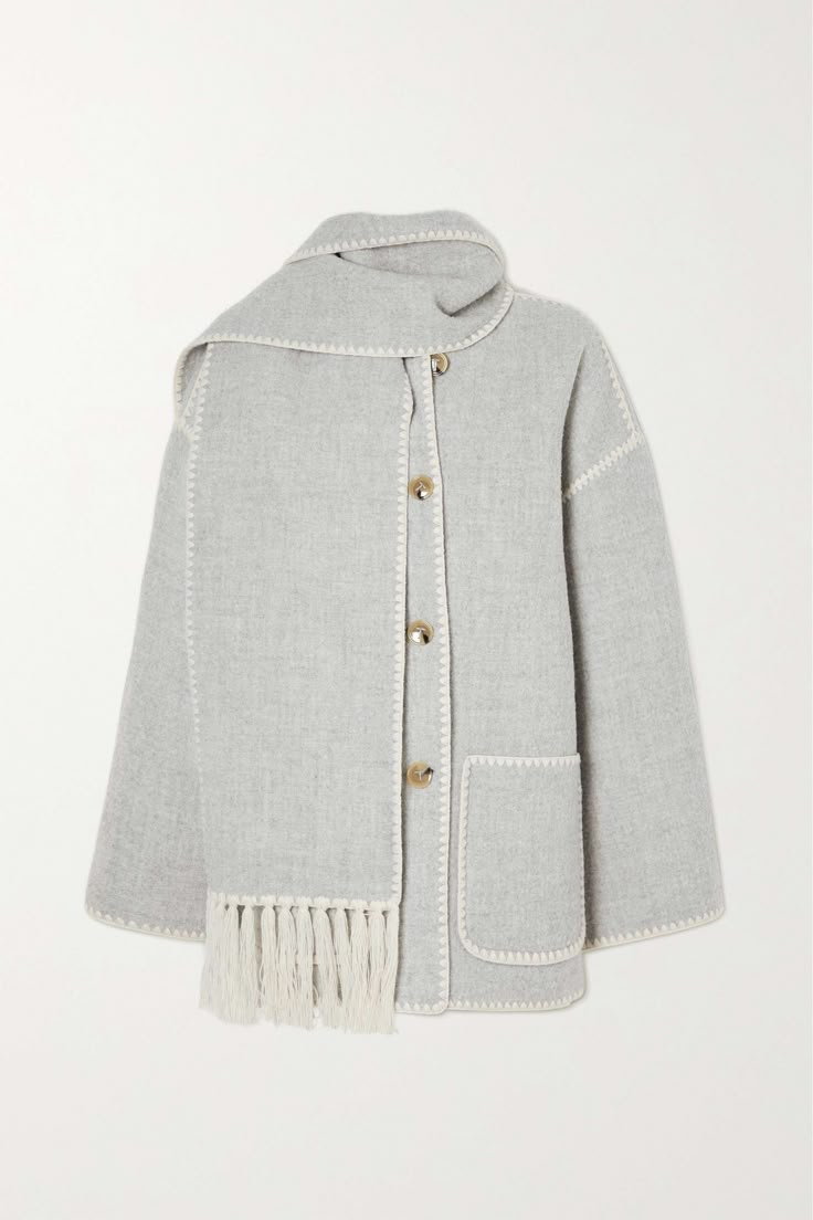 Manteau en Laine Femme Épais et Ample avec Écharpe - Veste Élégante d'Hiver Draped fringed wool-blend jacket