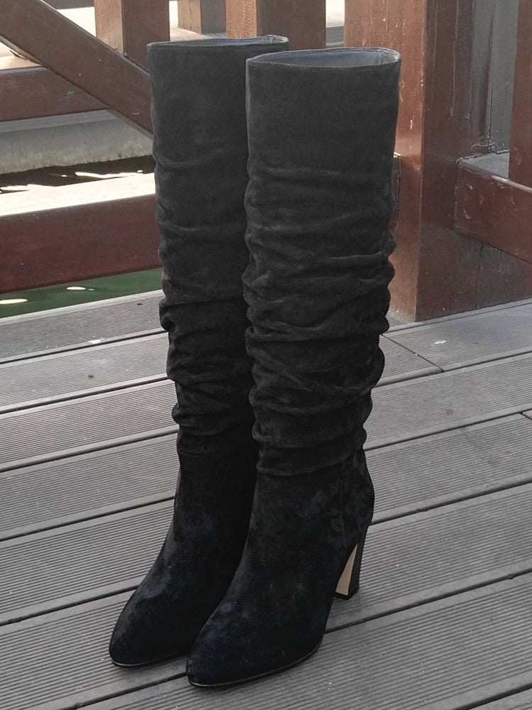 Bottes Mode Femme | Bout Rond, Talon Épais, Plissées, Mi-Mollet