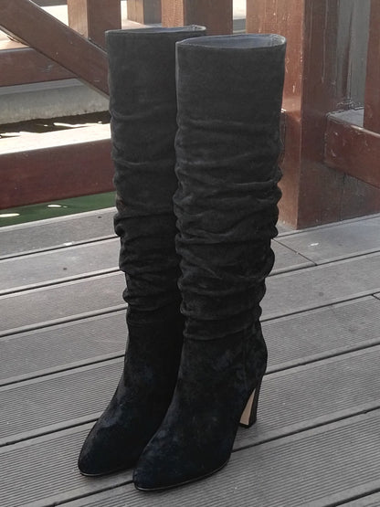 Bottes Mode Femme | Bout Rond, Talon Épais, Plissées, Mi-Mollet