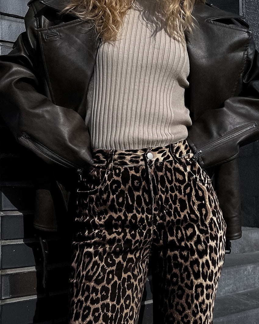 Pantalon Large Léopard Femme - Taille Basse, 100% Coton, Style Rétro Été