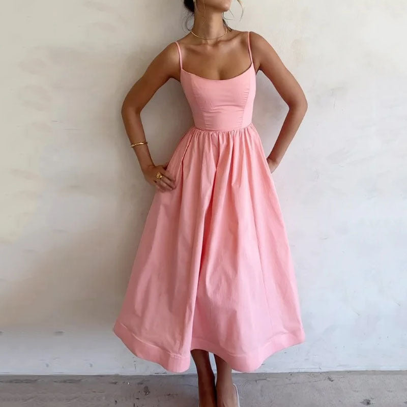 Robe Midi Rose Poudré - Élégante à Bretelles Sexy et Fraîche