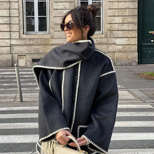 Manteau en Laine Femme Épais et Ample avec Écharpe - Veste Élégante d'Hiver Draped fringed wool-blend jacket