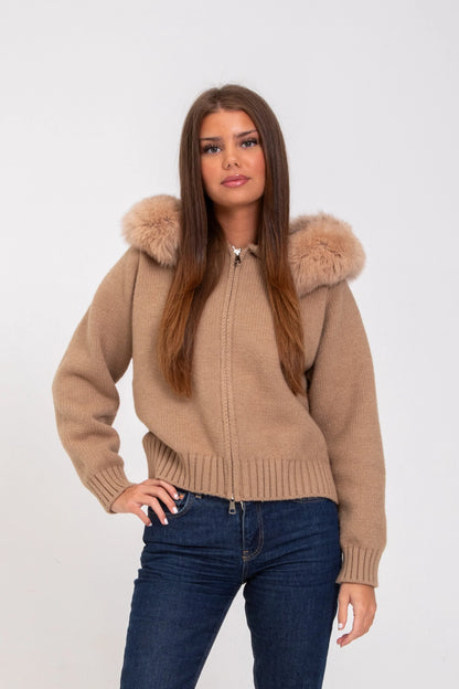 Cardigan Femme Haut de Gamme à Capuche avec Col en Fourrure Tricoté