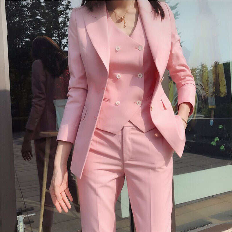 Ensemble Élégant Femme - Veste, Gilet & Pantalon Rose Poudré