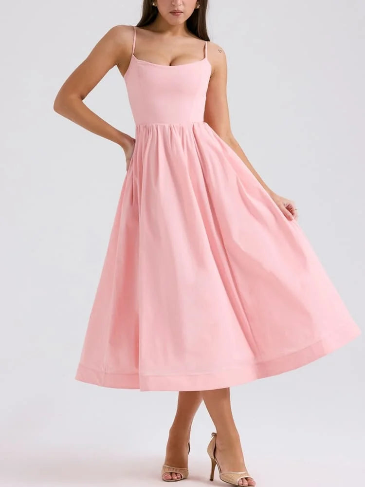 Robe Midi Rose Poudré - Élégante à Bretelles Sexy et Fraîche