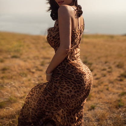Robe Soirée Femme Dos Exposé Imprimé Léopard – Style Sexy et Élégant