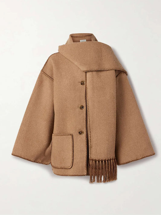 Manteau en Laine Femme Épais et Ample avec Écharpe - Veste Élégante d'Hiver Draped fringed wool-blend jacket