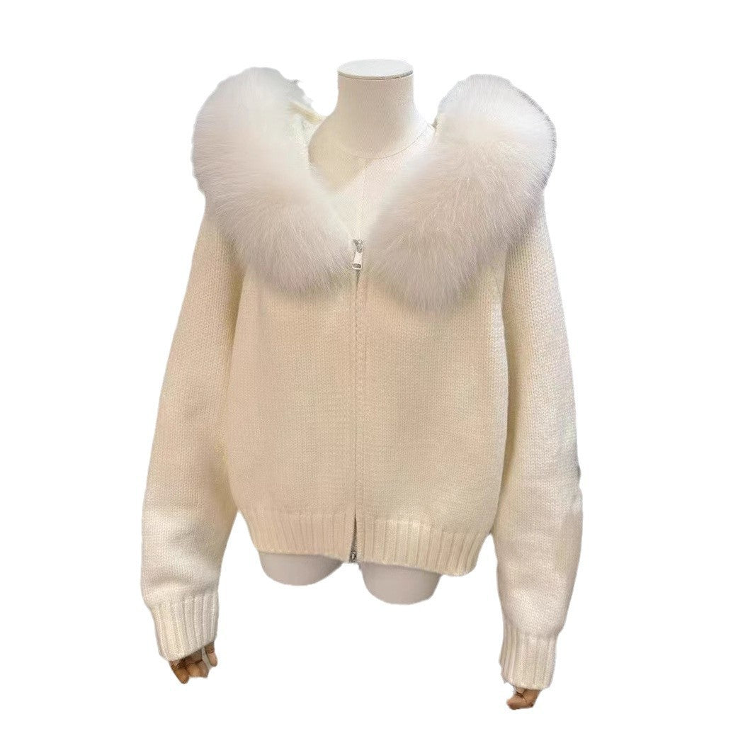 Cardigan Femme Haut de Gamme à Capuche avec Col en Fourrure Tricoté