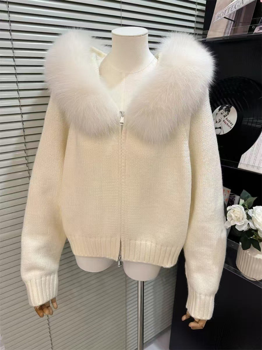 Cardigan Femme Haut de Gamme à Capuche avec Col en Fourrure Tricoté