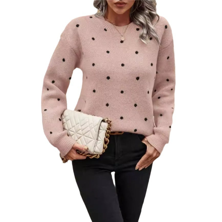 Pull Jacquard à Pois Col Rond Manches Longues - Mode Femme