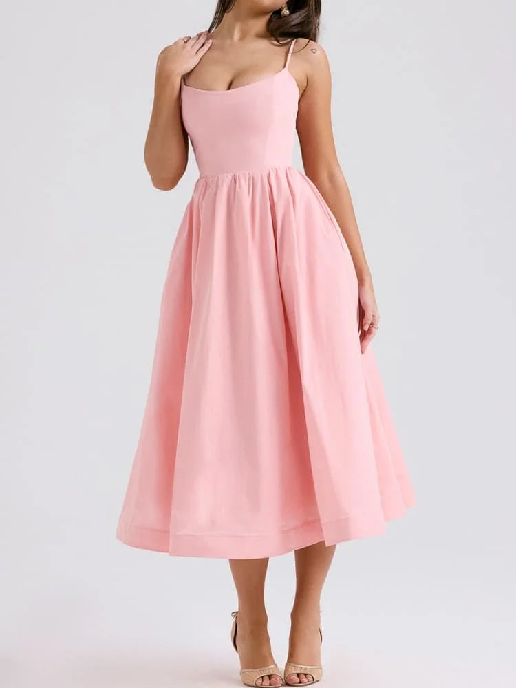 Robe Midi Rose Poudré - Élégante à Bretelles Sexy et Fraîche